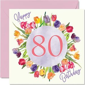 Mooie 80e verjaardagskaarten voor vrouwen - aquarel tulpenboeket - verjaardagskaart voor grootmoeder, grootmoeder, grootmoeder, verjaardagscadeau, 145 mm x 145 mm