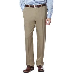 Haggar ECLO Stria heren geklede broek stretch taille platte voorkant beige 38W / 32L, Taupe