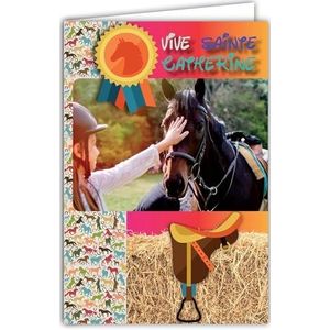 Kaart die Vive Saint Catherine Happy Party 25 november opent voor jong meisje kind tiener vriendin kampioen paardrijden pony paard dier sport - met witte envelop formaat 12 x 17,5 cm