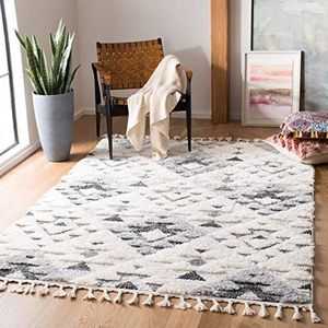 Safavieh Shaggy MTS688 tapijt, rechthoekig, gevlochten, collectie Shag Tassel Marokkanijn, wit, ivoor/grijs, 122 x 183 cm