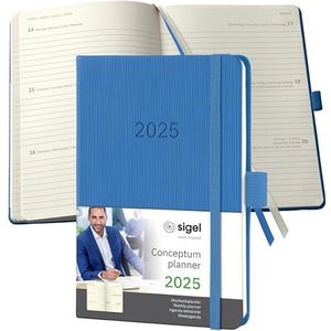 SIGEL Conceptum C2569 Agenda semainier 2025, format A6, bleu, couverture rigide, 176 pages, élastique, passant pour stylo, pochette d'archive, certifié PEFC, bleu