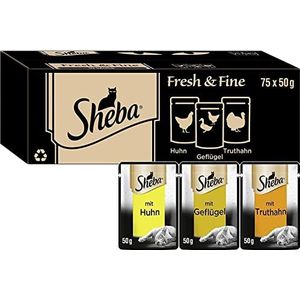 Sheba Fresh & Fine in Saus - hoogwaardig natvoer voor katten - multipack met kip, gevogelte en kalkoen, 75 x 50 g