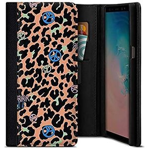 caseable Samsung Galaxy S9 hoesje, flipcase, schokbestendig en krasbestendig oppervlak, kaartenvak, kleurrijk design, luipaardpatroon, peace palms, dierenprint
