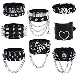 Kakonia Punk armbanden met klinknagels, voor heren en dames, nep zwart, gothic leren armbanden, spikes, schedel, hand, klinknagels, ketting, manchetarmbanden, verstelbaar, gothic emo armbanden, armband, accessoires, roestvrij staal, roestvrij staal