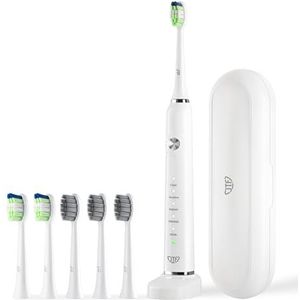 JTF Elektrische tandenborstel met 6 borstelkoppen en reisetui, draadloos snel opladen en lange levensduur, Smart Timer 5 modi whitening tandenborstels, wit
