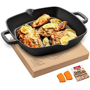 OVERMONT Gietijzeren grillpan, vierkant, 26 cm, steakpan, gebruiksklaar, braadpan met twee handgrepen, voor gasbarbecue, oven, houtskoolgrill