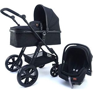 Pixini Arizona 3-in-1 kinderwagen met babyzitje en draagtas, aluminium frame met accessoireset (zwart)