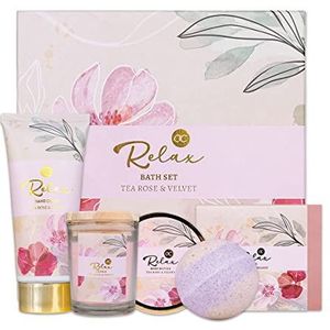 accentra RELAX bad- en verzorgingsset in mooie geschenkdoos, 5-delige Wellness cadeauset voor dames met lichaamsboter, zeep, handcrème, badbom en geurkaars