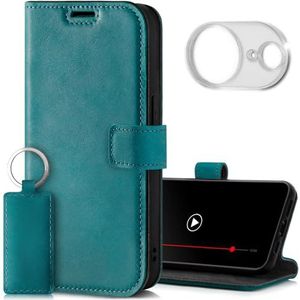 SURAZO Étui de protection en cuir véritable de qualité supérieure pour Apple iPhone 16e, avec protection de l'appareil photo et support, protection RFID, fabriqué à la main (turquoise)