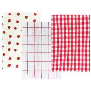 Wrapables Set van 3 theedoeken, 100% katoen, motief rode aardbeien