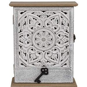 ootb Sleutelkast van hout met deur, witte bloemendecoratie, 20 x 26,5 cm