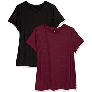 Amazon Essentials Dames Tech Stretch T-shirt met korte mouwen en ronde hals (verkrijgbaar in grote maten), zwart/bordeaux, maat S
