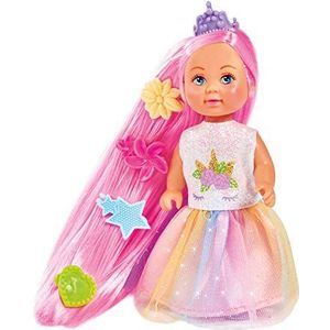 Simba 105733505 Evi Love regenboogprinses pop met lang haar, 4 haarclips en borstel 12 cm, voor kinderen vanaf 3 jaar, meerkleurig