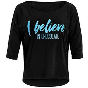 WINSHAPE Mcs001 yoga-shirt voor dames, ultralicht, 3/4 mouwen, glitterprint, neonblauw, Believe in chocolade, zwart/neonblauw