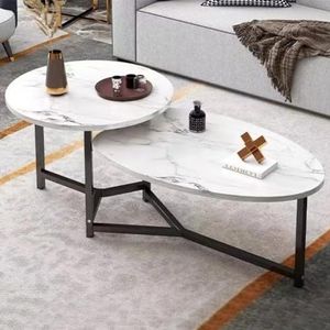 Shally Dogan Salontafel met 2 planken, luxe design, marmereffect, salontafel, elegant, hoogwaardig, rond en ovaal, 2 niveaus, ideaal voor woonkamer, kantoor (wit)