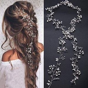 denifery Haarband voor bruid, extra lang, met kristallen kralen en kristallen kralen, haarsieraad voor bruid, haaraccessoires voor bruid, roségoud en zilvergoud