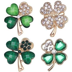 TTDD 4 stuks groene strass-broche, groene bladbroche, klaverbladbroche met vier bladeren, broche set, clip van kristal van legering gelukssymbool voor vrouwen, meisjes, bruiloft, feestaccessoires,