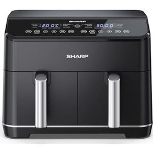 SHARP AF-GD82AE-B Heteluchtfriteuse, 2 x 4 liter, digitale bediening, touchscreen-functie, 12 programma's, 1800 W, zwart, olievrij koken