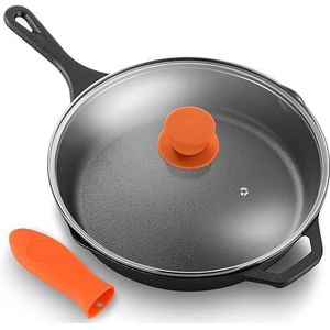 -Nutrichef Gietijzeren pan 30 cm met deksel – braadpan/voorverwarmd, ovenbestendig, stoofpan met antiaanbaklaag, isolerende siliconen handgreep, voor alle soorten kookplaten