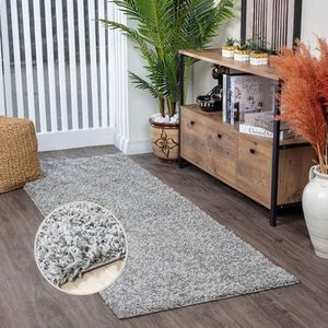 Surya Essentials Modern hoogpolig tapijt voor woonkamer, eetkamer, slaapkamer, abstract tapijt, pluizig, onderhoudsvriendelijk, 80 x 220 cm, grijs