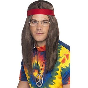 SMKMI Heren Smiffys hippie set voor heren, bruin, pruik, bril, medaillon met vredesteken en kostuum voor volwassenen, bruin, eenheidsmaat EU