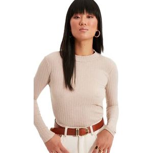 Trendyol Woman Fitted Bodycon Crew Neck Knit Blouse Shirt Dames, Beige, XS, Beige