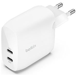 Belkin BoostCharge USB-C-oplader met 2 poorten, 60 W PPS, USB C-oplader voor iPhone 15, iPad, Samsung Galaxy, Google Pixel, compatibel met USB-C naar Lightning en USB-C naar USB-C kabel