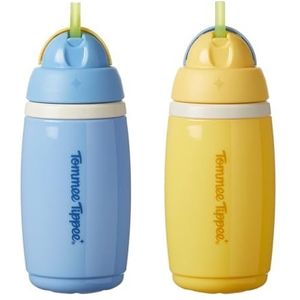 Tommee Tippee Set van 2 geïsoleerde drinkbekers met actief rietje, 266 ml, lekvrije waterfles voor peuters vanaf 12 maanden, klapdeksel om het rietje schoon te houden, blauw en geel