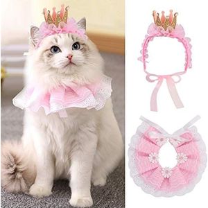Legendog Schattige kanten prinsessenbandana voor katten en kleine honden, roze outfit voor verjaardagsfeest