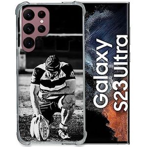 Cokitec Coque Renfocée en Verre Trempé pour Samsung Galaxy S23 Ultra Sport Rugby Noir Blanc