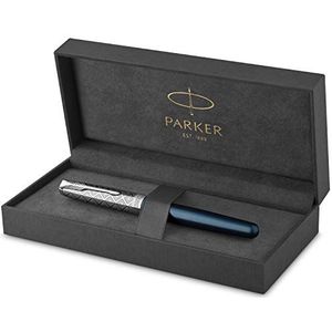 PARKER Sonnet Vulpen, premium metaal en gesatineerd blauw met chromen afwerking, fijne veer van 18 karaat goud met zwarte inktcartridge, geschenkdoos