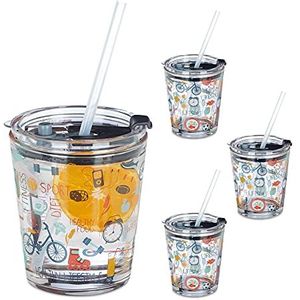 Relaxdays Glas met rietje en deksel - 4 stuks - kinderglazen - met print - waterglazen