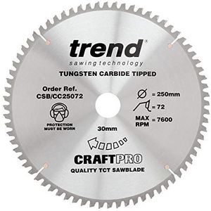 Trend CraftPro TCT negatieve haak cirkelzaagblad diameter 250 mm x 72 tanden x 30 mm boring, wolfraamcarbide punt, CSB/CC25072