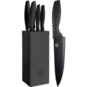 MasterChef Keukenmessen met blok, bevat: universeel kantoormes, vleesmes en brood, koksmes, roestvrij staal, ergonomische handgreep, zwart, zacht gevoel