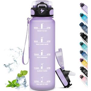 Grsta Lekvrije gymnastiekwaterfles, 1 liter, fles met tijdschaal, fles met rietje, gemakkelijk te reinigen, sportfles, fitness, wandelen, fietsen
