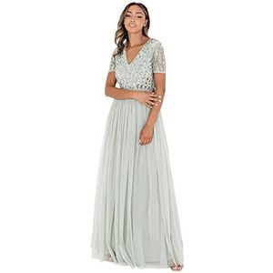 Maya Deluxe Maya Deluxe Maxi-jurk voor dames, bruidsmeisje, V-hals, baljurk, korte mouwen, lang, elegant, Empire-taille, bruiloft, bruidsmeisjesjurk voor dames (1 stuk), Groene lelie.