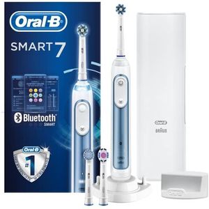 Oral-BSmart 7 7000N CrossAction Brosse à Dents électrique, 1 Poignée Connectée à l'application Bleu, 5 modes, capteur de pression, 3 têtes, étui de voyage, cadeau, Affichage du mode visible