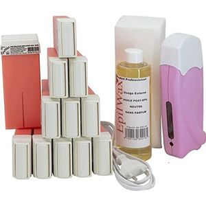 EpilWax - Ontharingset Solo compleet met: 1 Professionele waxverwarmer - 12 roll-on wax Pro Rose 100 ml, 100 epilerstrips, 250 ml olie na ontharing - (Solo Serie Rose 12)