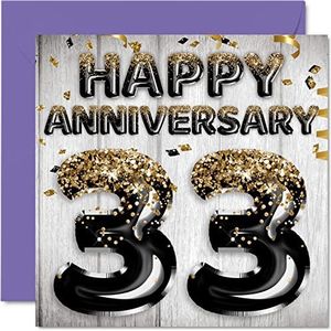 Stuff4 Leuke 33e verjaardagskaart voor echtgenoot, vriend, vrouw, vriendin, zwarte en gouden glitterballonnen, wenskaarten voor 33e verjaardag van het gezin, 145 mm x 145 mm