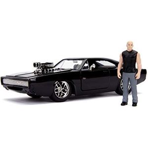 Jada Toys Fast & Furious Dom's 1970 Dodge Charger Street tuning model in schaal 1:24 open deuren, kofferbak en afneembare kap, vrijloop met Dominic Toretto figuur, zwart