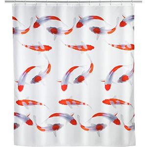 WENKO Nagoya Douchegordijn, 180 x 200 cm, 100% polyester gordijn met metalen ogen en rubberen gewichtsband voor douche en badkuip, waterafstotend en wasbaar, inclusief 12 witte ringen