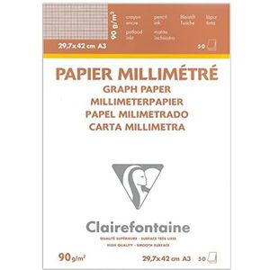 Clairefontaine 97136C Plakblok van papier, millimeter-papier, 50 vel, millimeter-papier, A3, 29,7 x 42 cm, 90 g, ideaal voor geometrische werkzaamheden en technische tekeningen