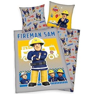 Herding Brandweerman Sam beddengoedset met kussensloop 80 x 80 cm met ritssluiting en omkeerbaar patroon dekbedovertrek 135 x 200 cm met ritssluiting, gloeit in het donker, 100% katoen