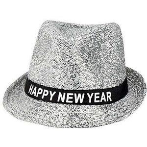 Boland 13450 - Sparkling Happy New Year, zilver met pailletten, glinsterende fedora voor Nieuwjaar, hoofdband met schrijven, accessoire, cadeau