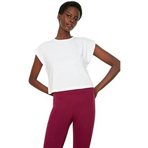 Trendyol T-shirt basique en tricot avec col rond et coupe régulière pour femme, ecru, S