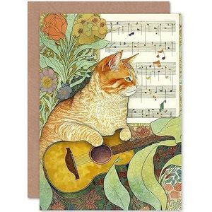 Verjaardagskaart met bloemenmotief Art Nouveau oranje tijgerkat met gitaar en bladmuziek + blanco envelop binnenin