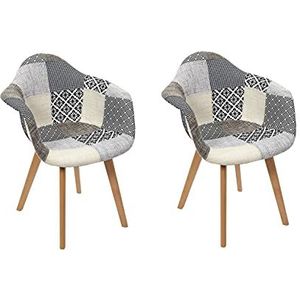 HOME DECO FACTORY HD7318 Set van 2 stoelen, woonkamer, eetkamer, meerkleurig, patchwork, Scandinavisch hout, stof, kunststof, PP-textiel, polyester, gevoerd, PU, grijs, 59 x 63,8 x 85 cm