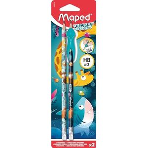 Maped - 2 Crayons à Papier HB Embout Gomme + Guide-Doigt Jungle Fever - Outil Amusant pour Apprendre à Écrire - Recommandé par les Enseignants - Dès 3 Ans