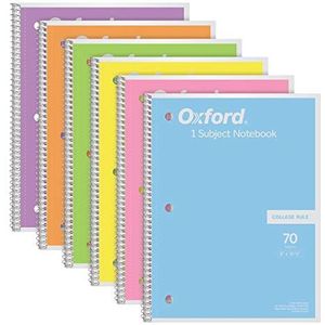 Oxford Set van 6 spiraalboeken, 1 onderwerp, universitair gelinieerd papier, 20,3 x 26,4 cm, pastelroze, oranje, geel, groen, blauw en paars, 70 vellen (63756)