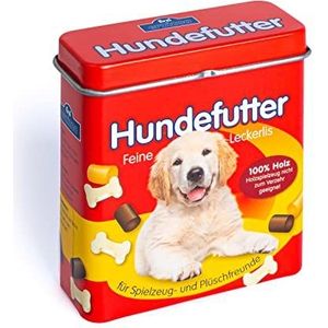Erzi Pretend Play Houten kruidenierswinkel Merchandize Hond Voedsel in Een metalen doos